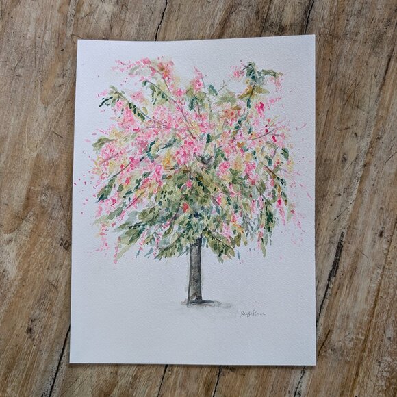 Whimsical Rainbow Flower Tree - Original Watercolor 9"x12" - Picture 1 of 8